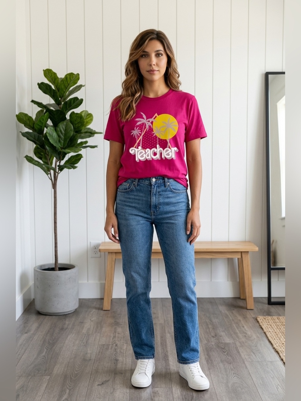 Pink Beach Sunset Graphic T-Shirt Teacher Back To School Tee Womens Large NWOT